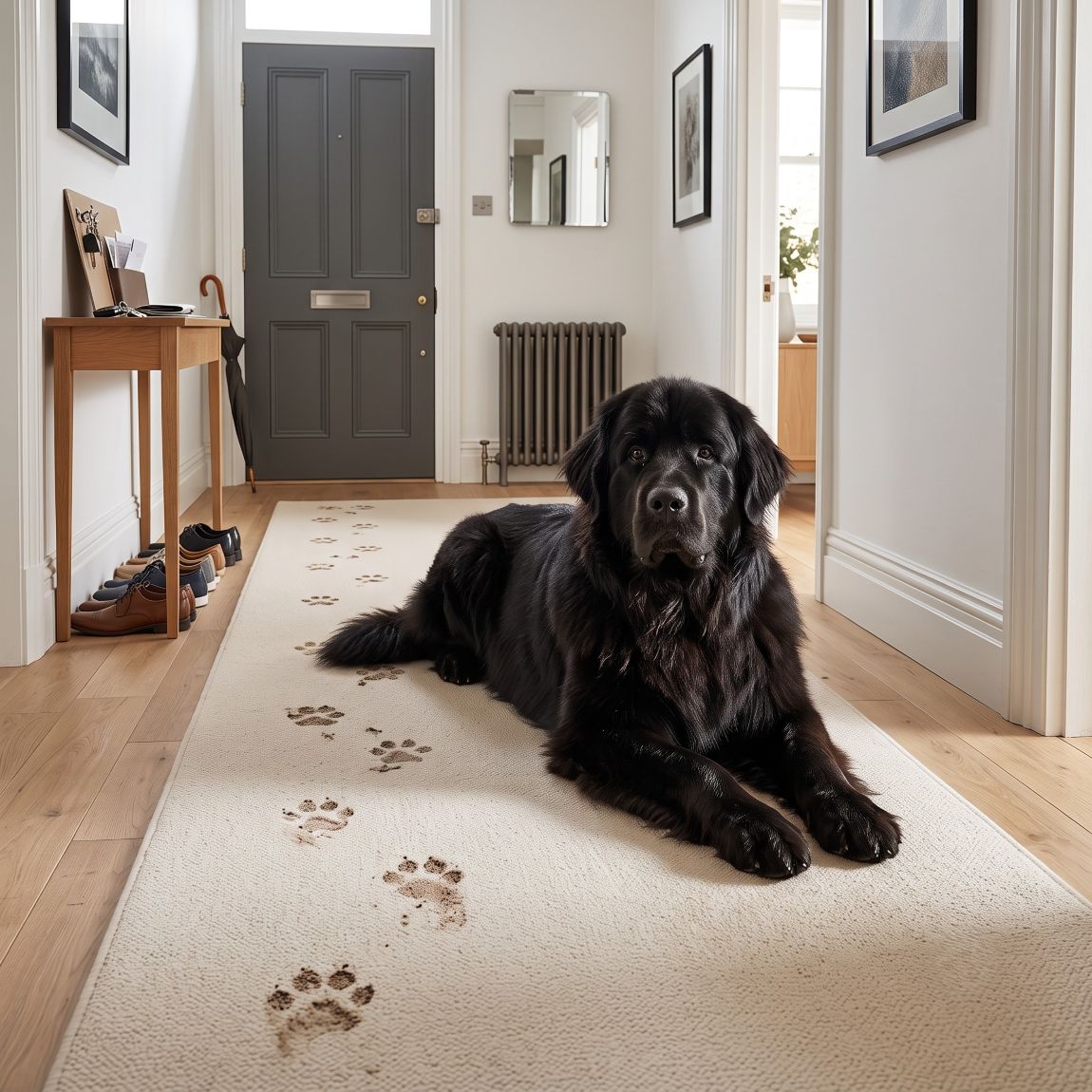 A large black Newfoundland dog lies comfortably and nonchalantly across the cream-coloured hallway carpet of a modern West London apartment